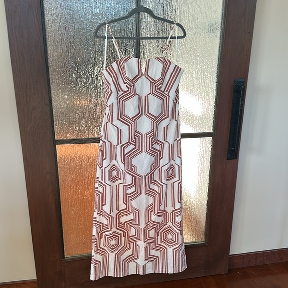 By Anthropologie Strapless Linen Plunge-neck MIDI Dress Size 14 NWT BROWN motif - Picture 9 of 17